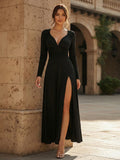 Deep V Neck Ruched Waist Slit Long Sleeve Maxi Dress For Women 2026