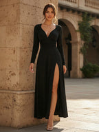 Deep V Neck Ruched Waist Slit Long Sleeve Maxi Dress For Women 2026
