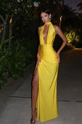 Halter Neck Deep V Ruched High Slit Maxi Dress