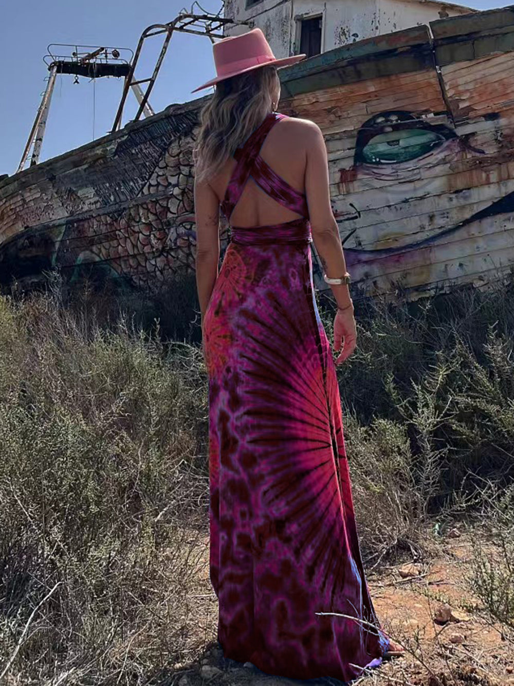 Tie Dye Print Halter Deep V-Neck Wrapped Waist Bodycon Maxi Dress