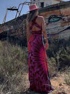 Tie Dye Print Halter Deep V-Neck Wrapped Waist Bodycon Maxi Dress