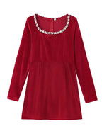 Square Collar Long Sleeve Diamond Velvet Mini&Short Dresses