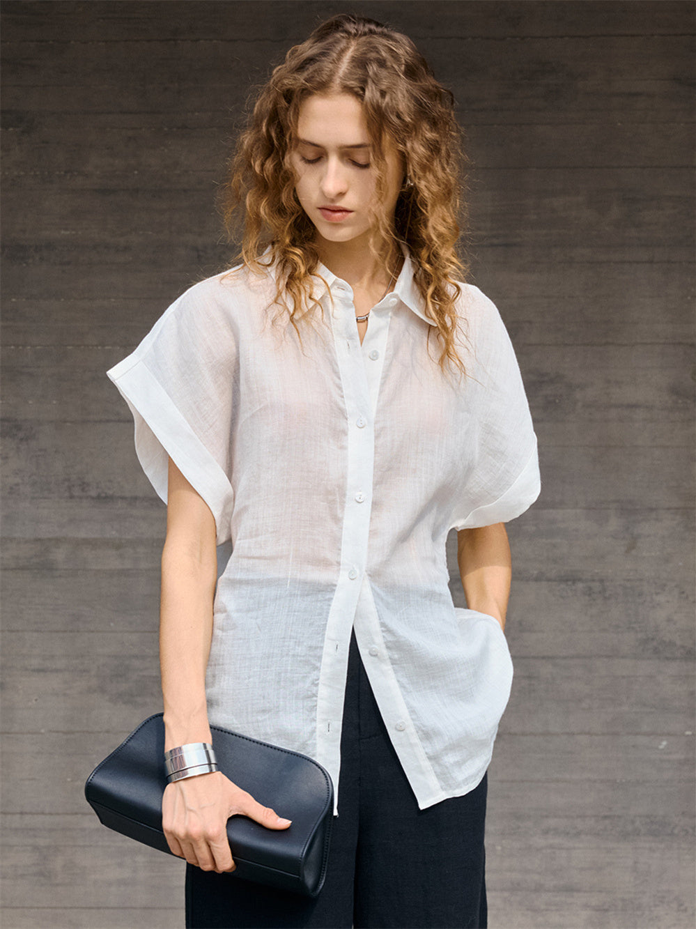 Breathable Ramie Basic Solid Color Short-sleeved Shirt