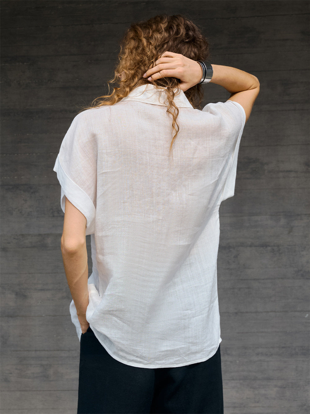 Breathable Ramie Basic Solid Color Short-sleeved Shirt
