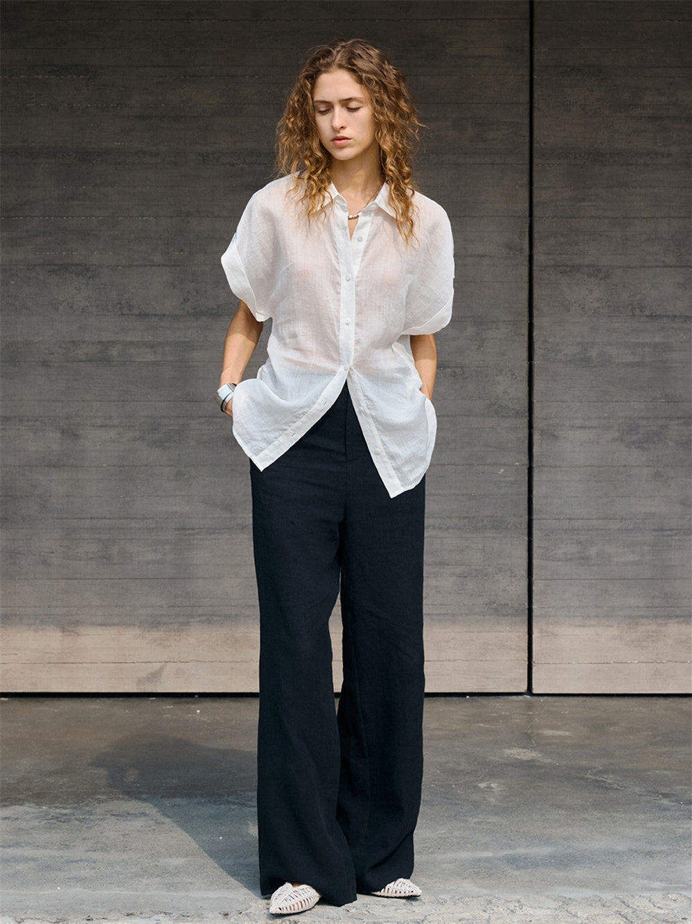 Breathable Ramie Basic Solid Color Short-sleeved Shirt