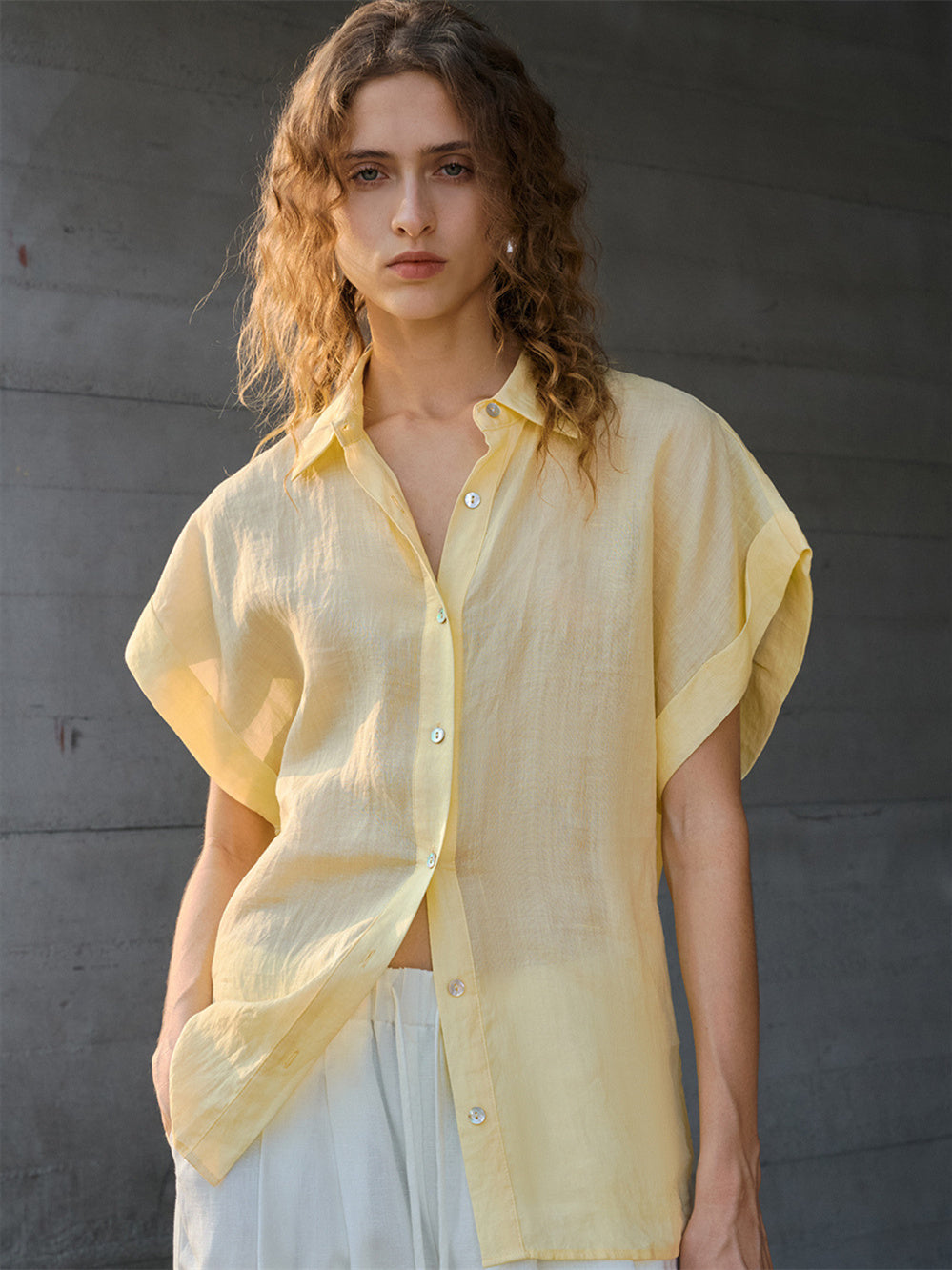 Breathable Ramie Basic Solid Color Short-sleeved Shirt