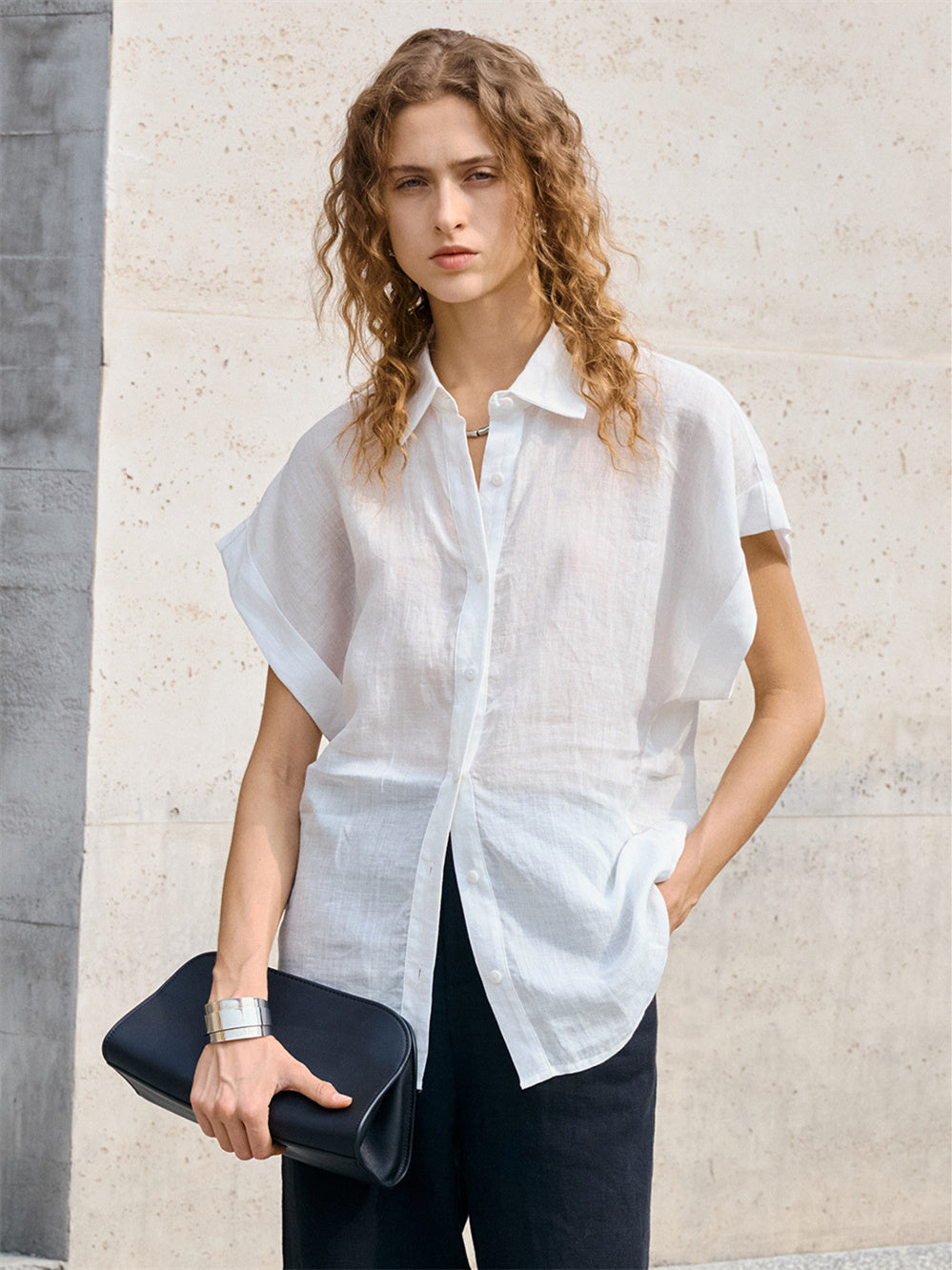 Breathable Ramie Basic Solid Color Short-sleeved Shirt