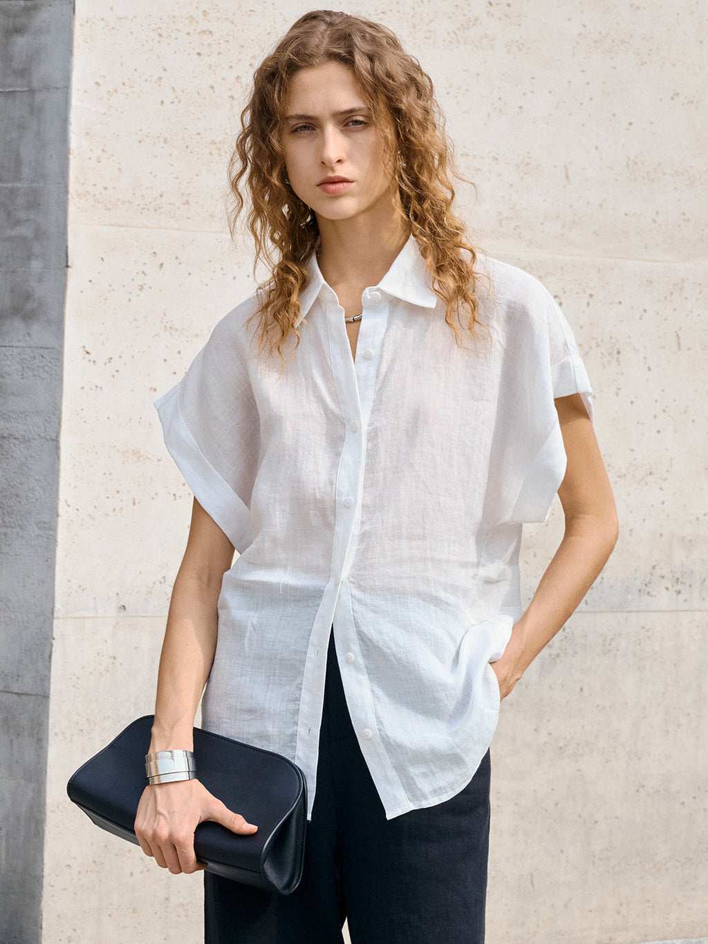 Breathable Ramie Basic Solid Color Short-sleeved Shirt