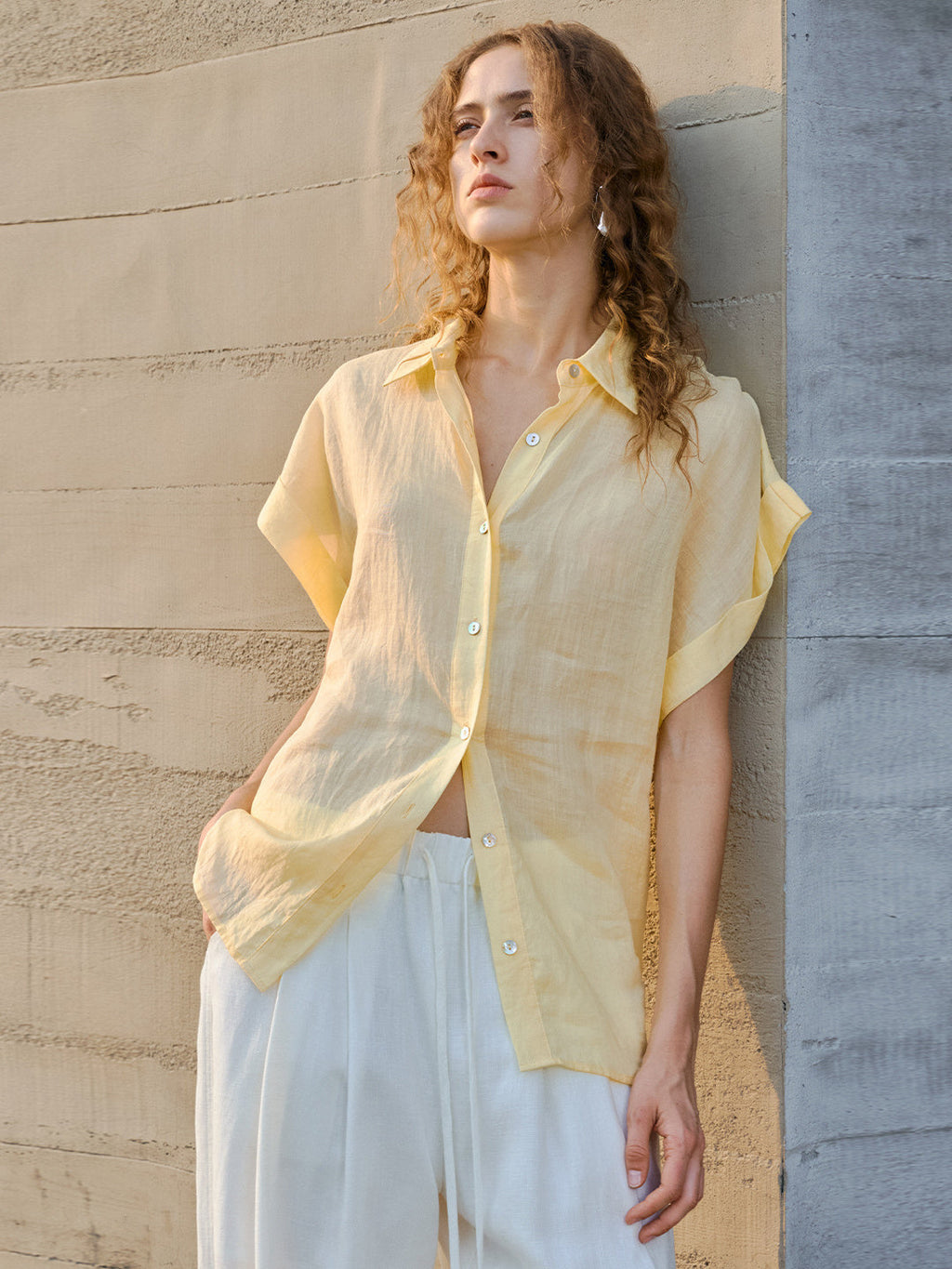 Breathable Ramie Basic Solid Color Short-sleeved Shirt