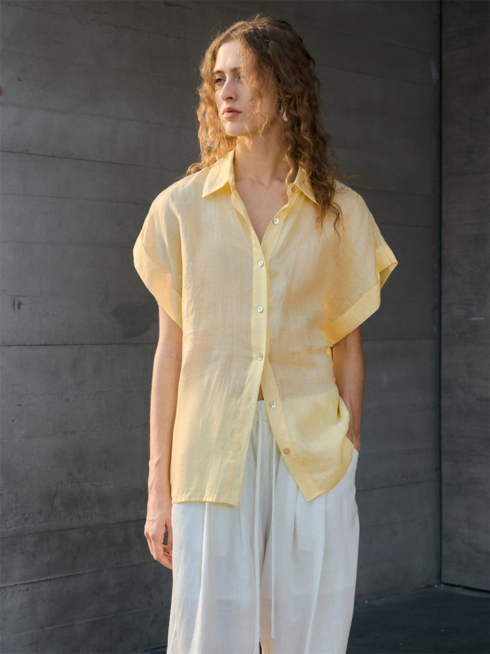 Breathable Ramie Basic Solid Color Short-sleeved Shirt