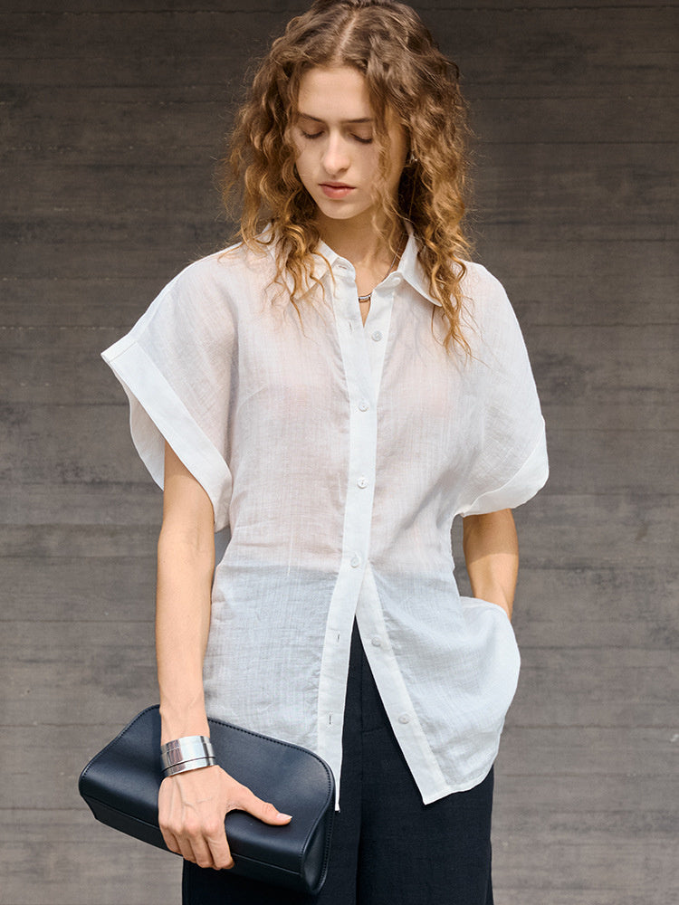 Breathable Ramie Basic Solid Color Short-sleeved Shirt