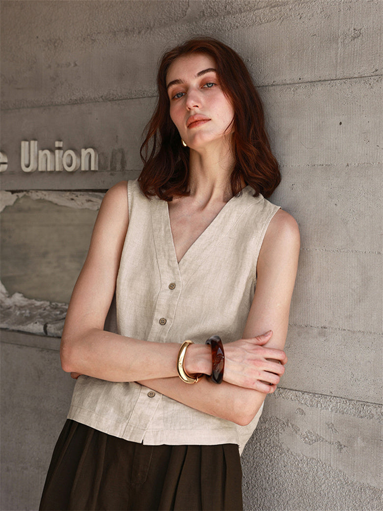 Solid Color Textured Linen Inner Vest