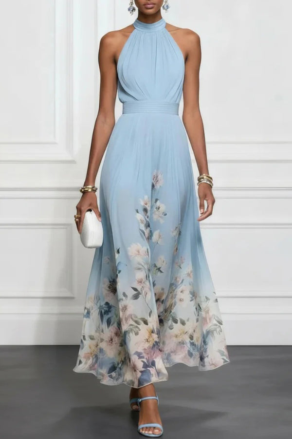 Floral Print Halter Neck Sleeveless Elegant Waist-cinching Maxi Dress