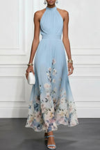 Floral Print Halter Neck Sleeveless Elegant Waist-cinching Maxi Dress