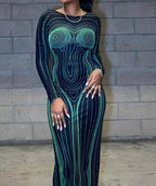 Graphic Contour Print Long Sleeve Crew Neck Bodycon Maxi Dress