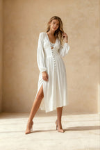 V-Neck Button Front Ruched Bodice Balloon Sleeve High Split Maxi Dress