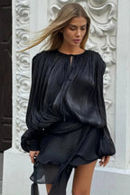 Iridescent Cold Shoulder Puff Sleeve Cut Out Ruffle Hem Mini Dress