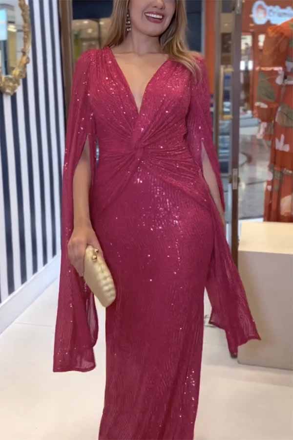 Deep V-Neck Twist Waist Sequin Cape Sleeve Column Maxi Gown