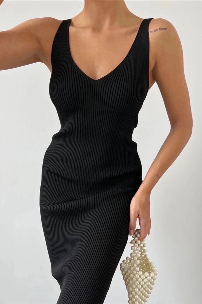 Ribbed Knit Deep V-Neck Side Slit Bodycon Midi Sweater Dress