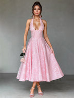 Soft Pink Floral Midi Dress Halter Summer A-line Vintage Dress For Women 2026