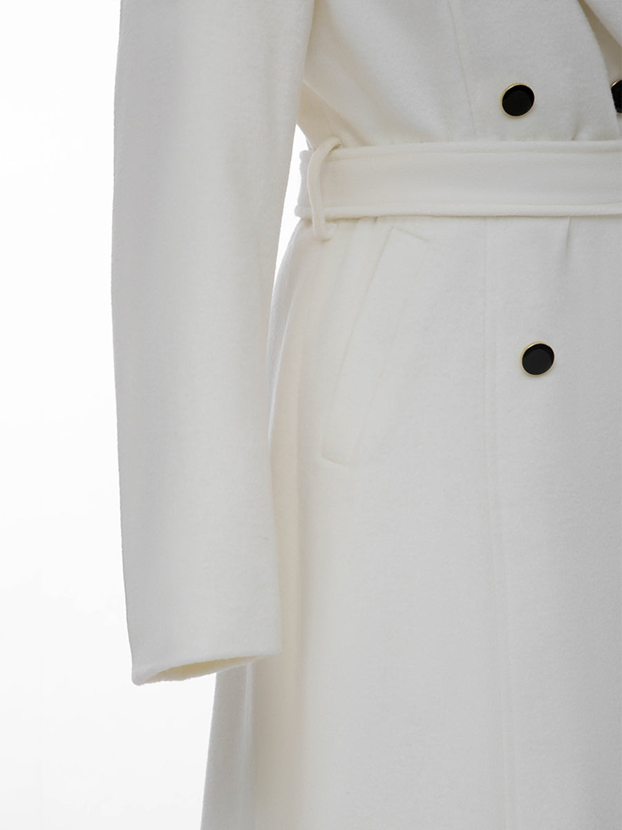 White Longline Woolen Coat Notched Lapel Double Breasted Belted Winter Full Length Outerwear For Women 2026