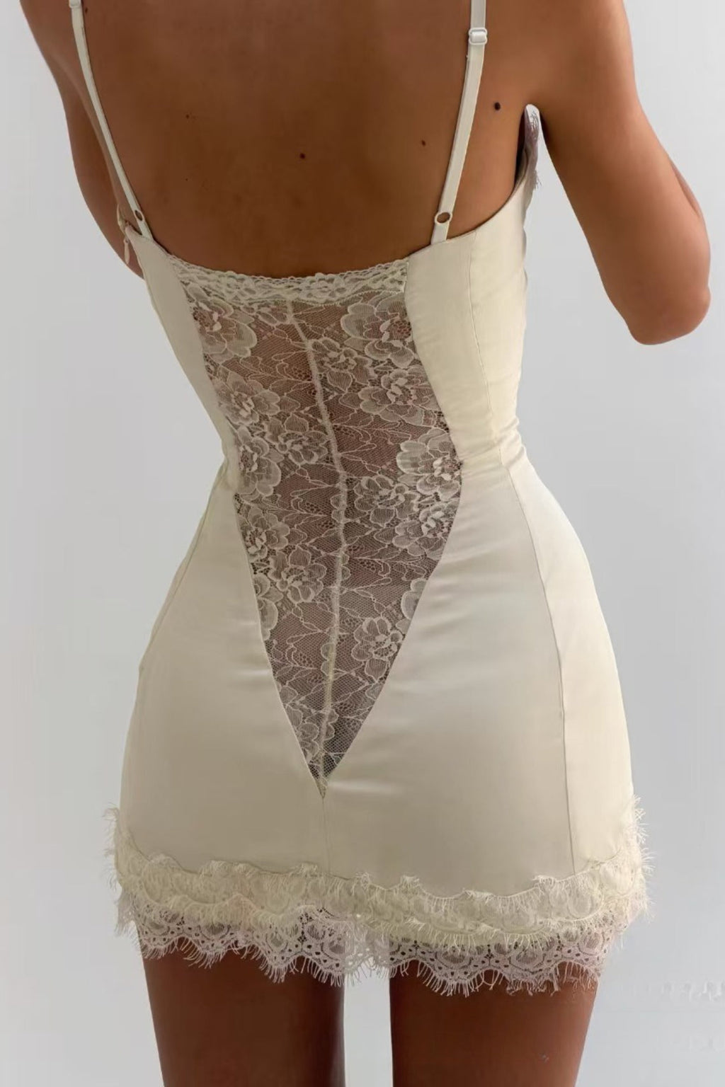 Beige Sweetheart Lace Trim Spaghetti Strap Satin Lace Panel Mini Dress
