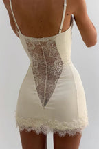 Beige Sweetheart Lace Trim Spaghetti Strap Satin Lace Panel Mini Dress