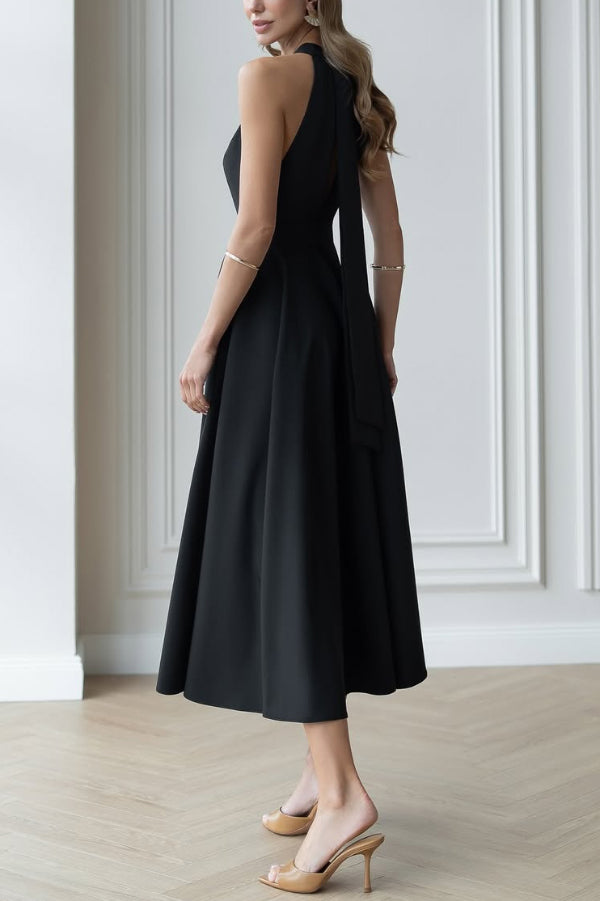 Solid Color Halter Neck Bow Tie Elegant Waist-cinching Midi Dress