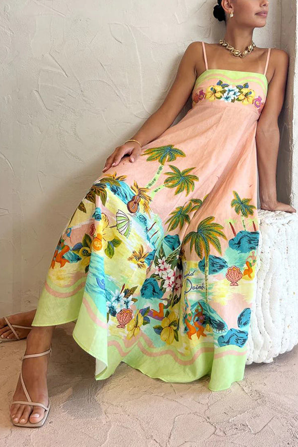 Tropical Palm Print Scallop Trim Spaghetti Strap Maxi Dress