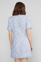 Round Neck Tweed Button Front Flap Pocket Braided Trim Mini Dress
