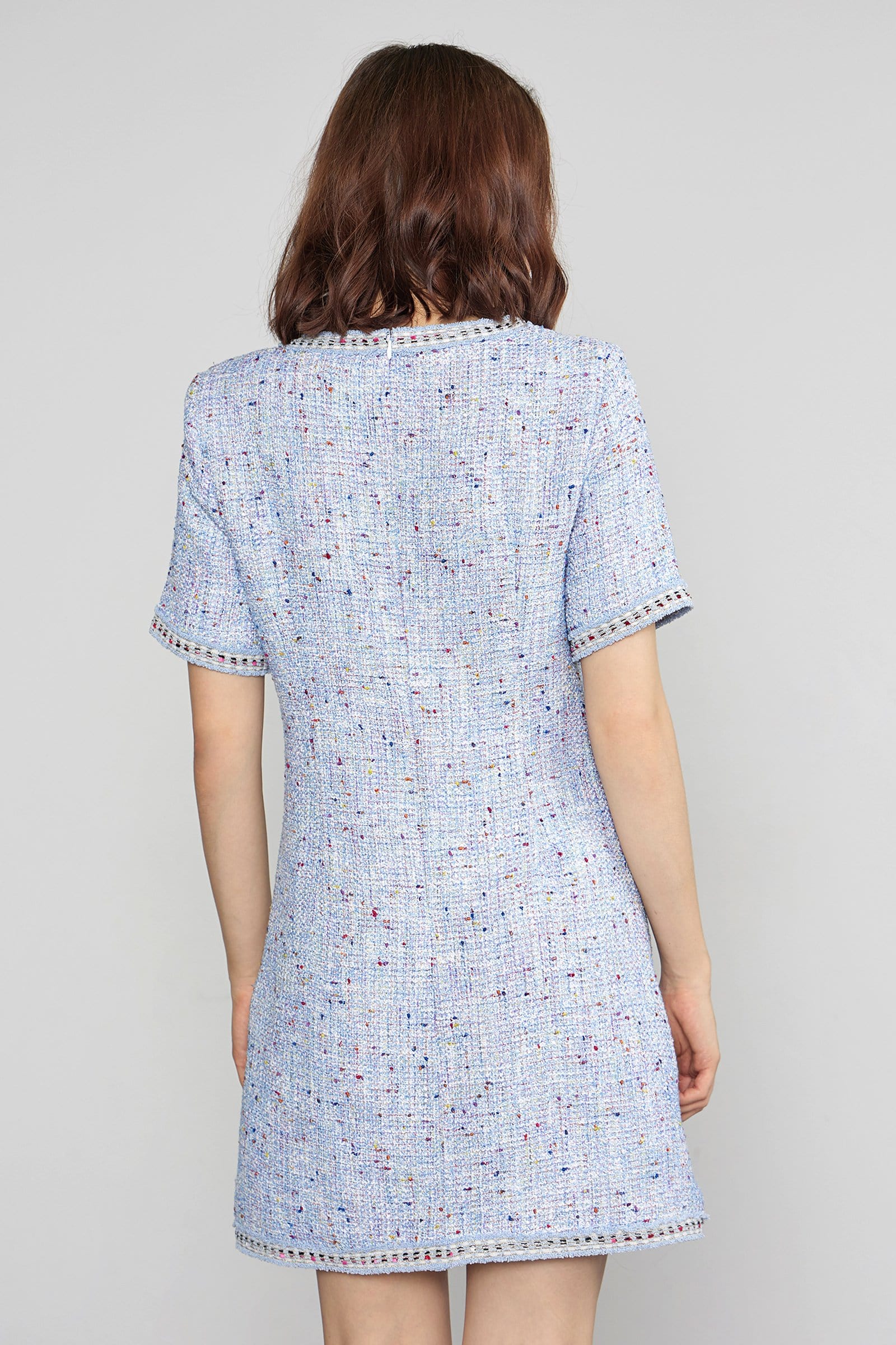 Round Neck Tweed Button Front Flap Pocket Braided Trim Mini Dress