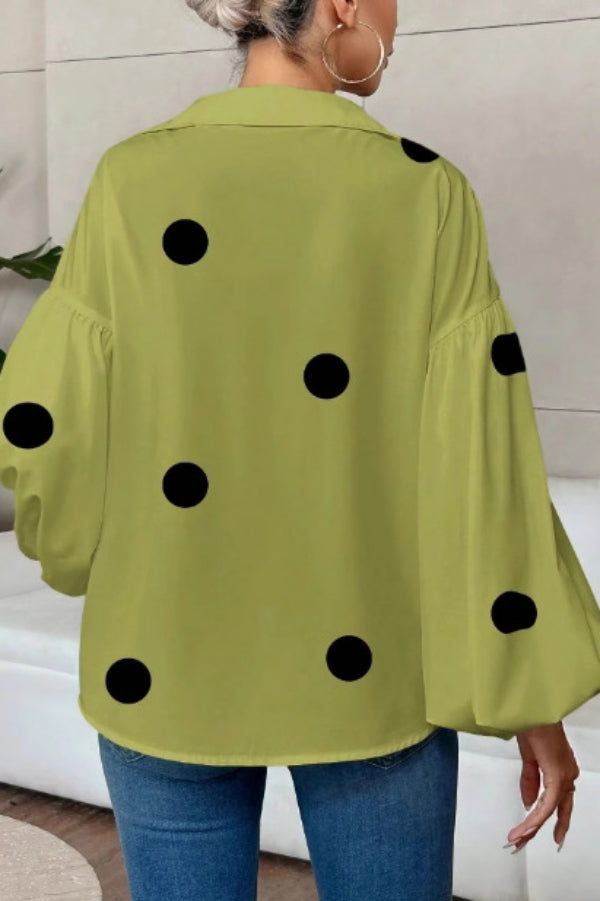 Stylish Polka Dot Print Collared Puff Sleeve Loose Shirt