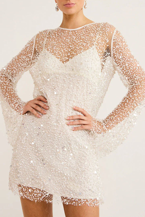 Sequin Mesh Overlay Slip Strap Bell Sleeve Mini Dress