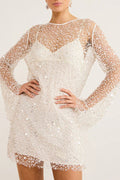 Sequin Mesh Overlay Slip Strap Bell Sleeve Mini Dress