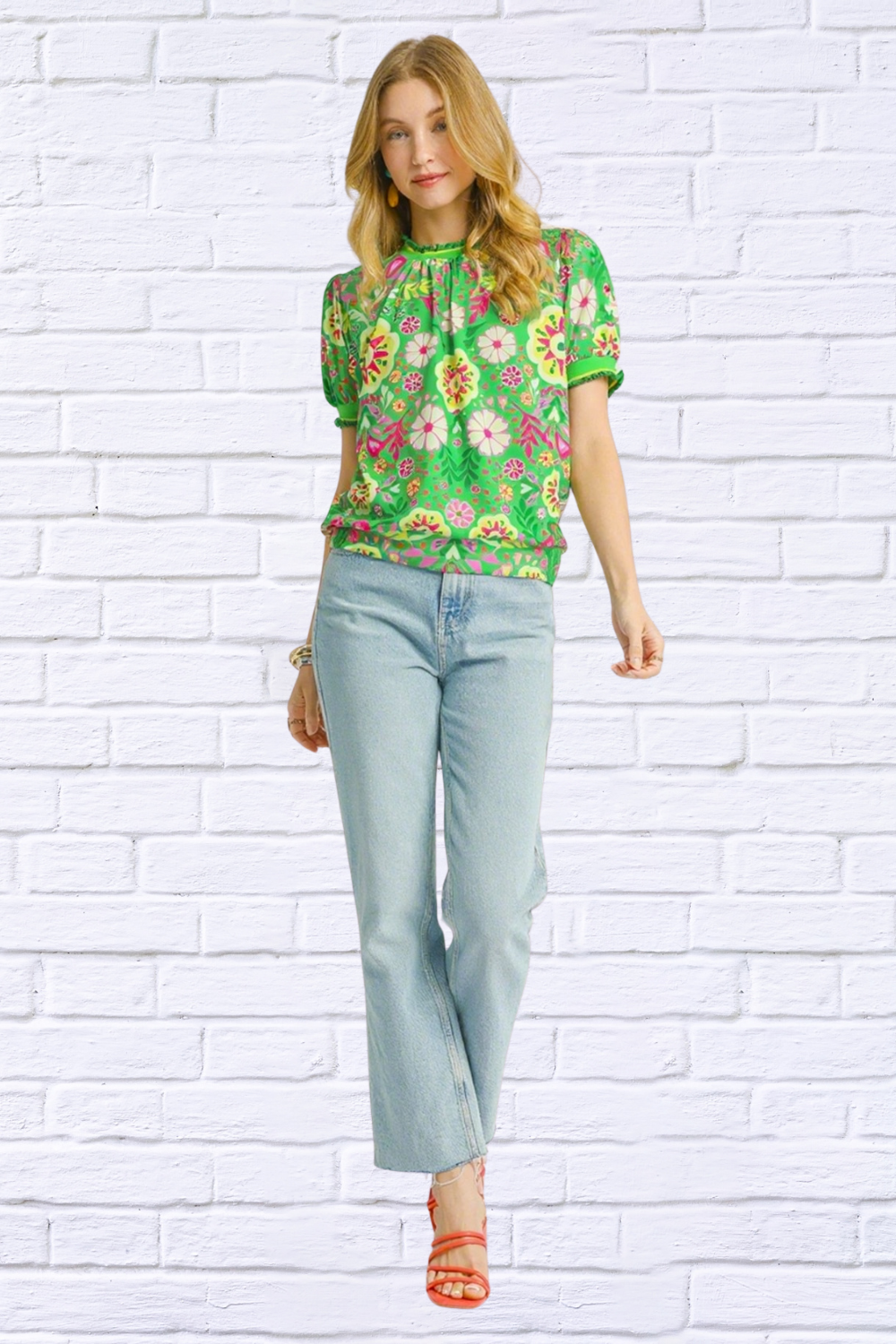 Vibrant Floral Puff Sleeve Blouse _ Green