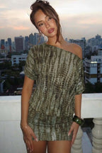 Green Off Shoulder Blouson Top Ruched Shibori Print Mini Skirt Set