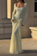 Square Neck Long Sleeve Floral Lace Front Knot Drape Panel Maxi Dress