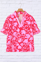 Floral Split V-Neck Ruffled Short Sleeve Blouse _ Pink on Pink