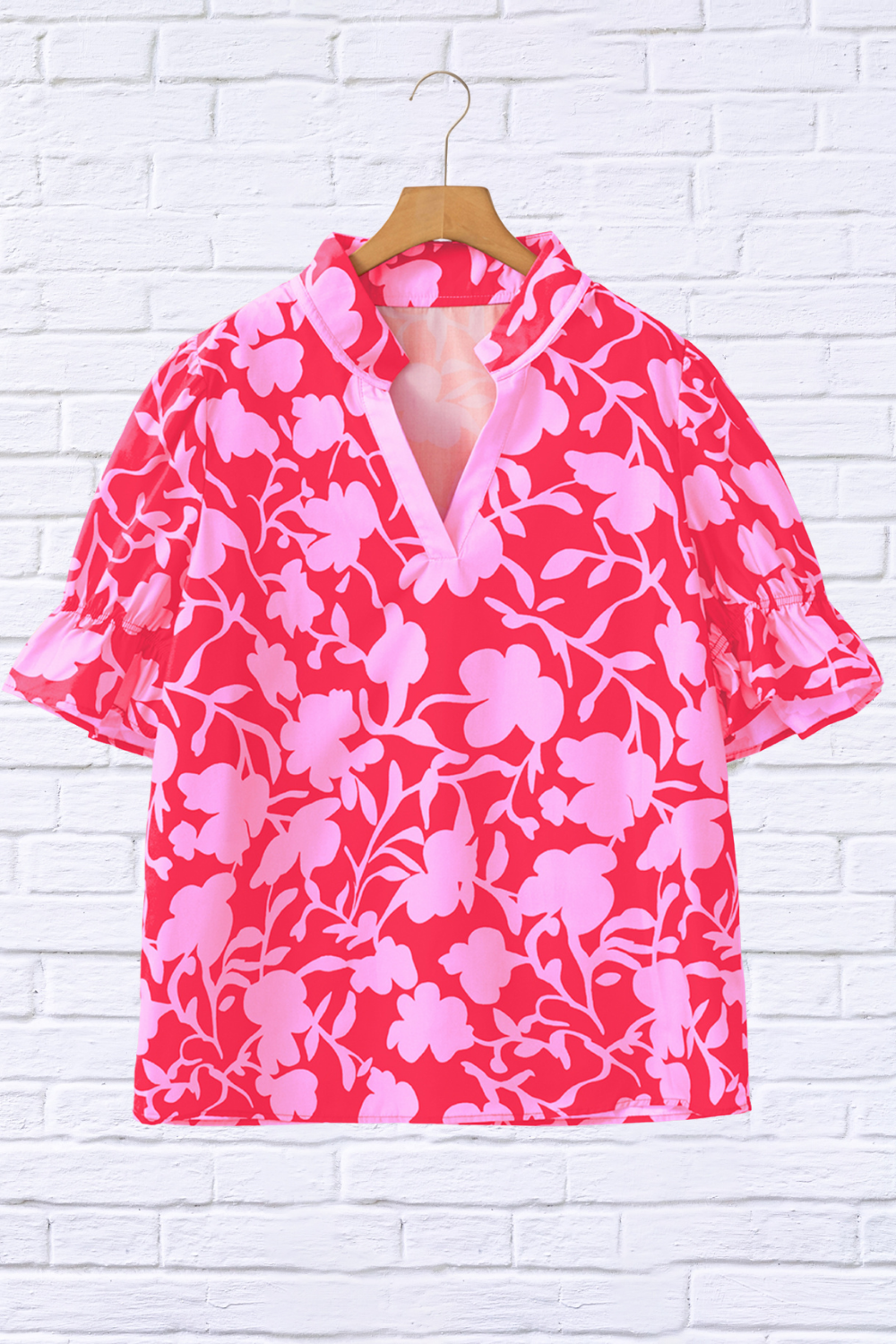 Floral Split V-Neck Ruffled Short Sleeve Blouse _ Pink on Pink