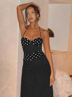 Polka Dot Retro Pleated Long Dress With A Halter Neck