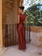 Satin Deep V Sleeveless Backless Long Dress