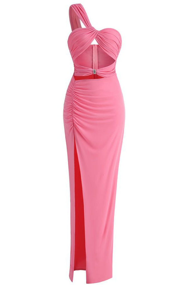 One Shoulder Twisted Buckle Cut Out Ruched High Split Bodycon Maxi Dress
