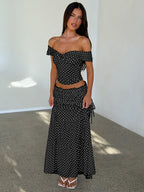Two-piece Set: Raglan Strapless Top With Polka Dot Side Bow And Long Skirt