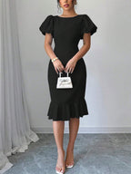 Round Neck Lantern Sleeve Ruffled Fishtail Midi Dress