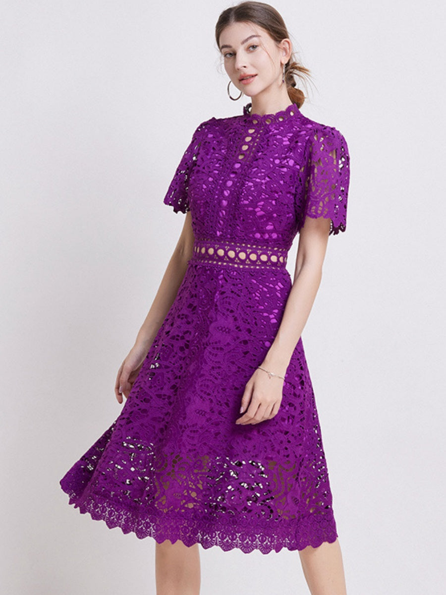 Lace Waist-cinching Hollow-out Midi Dress