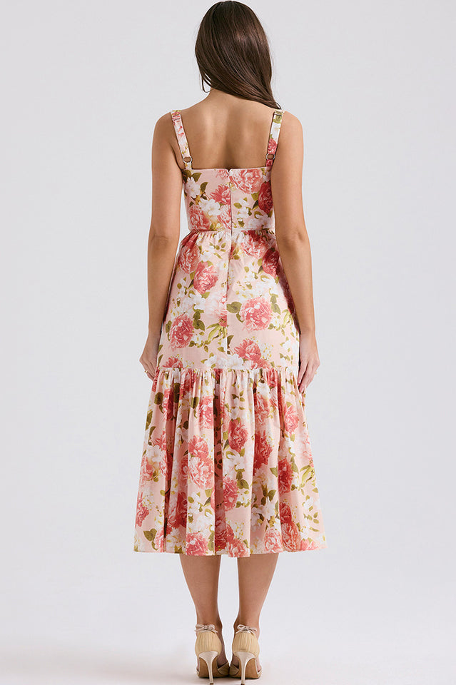 Sweetheart Bustier Wide Strap Floral Tiered Ruffle Midi Dress