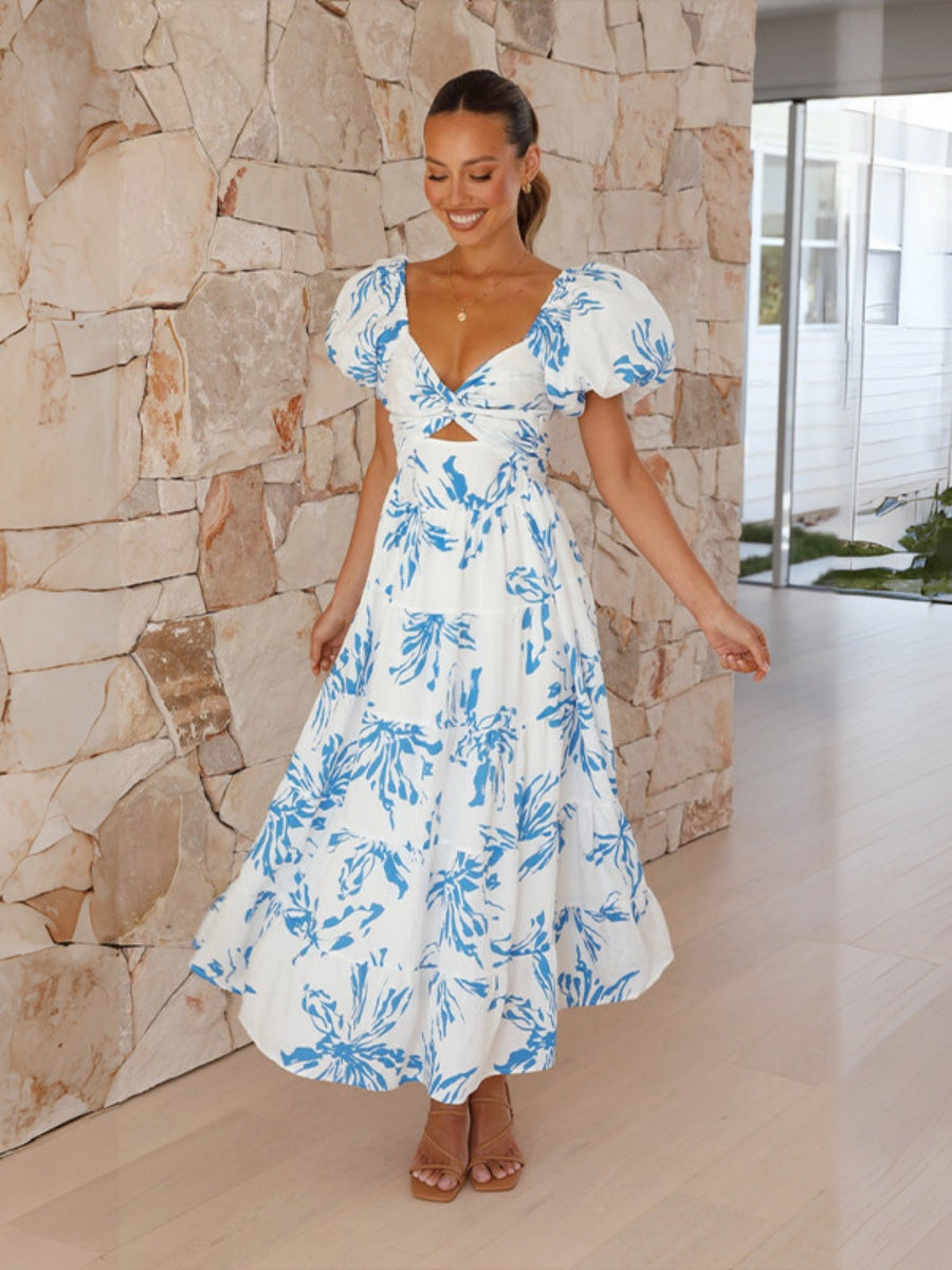 Printed Puff Sleeve Sweetheart Collar Vacation Maxi Dresses