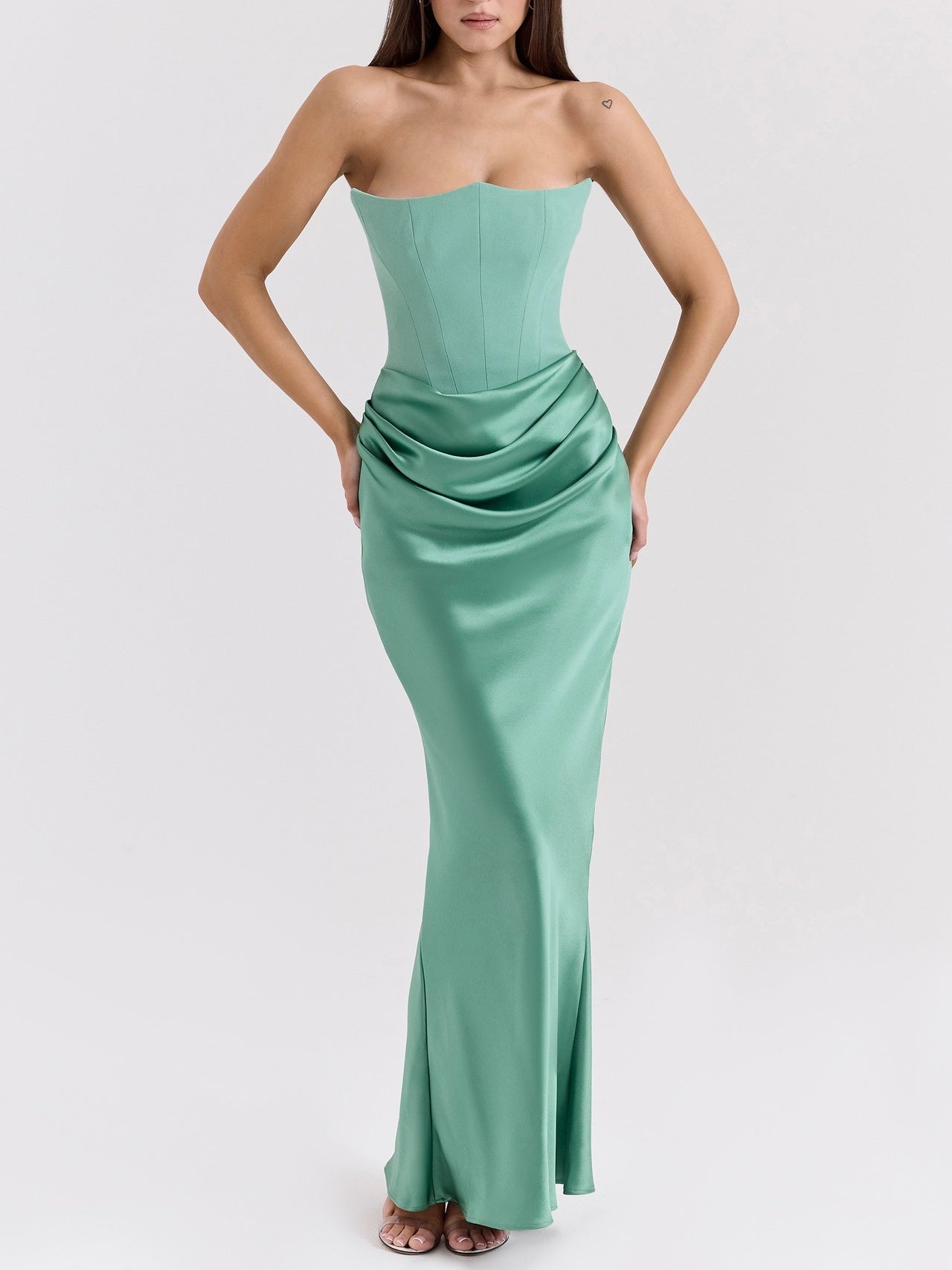 Satin Belted Strapless Off-the-shoulder Fishbone Pleated Long Bodycon Dress