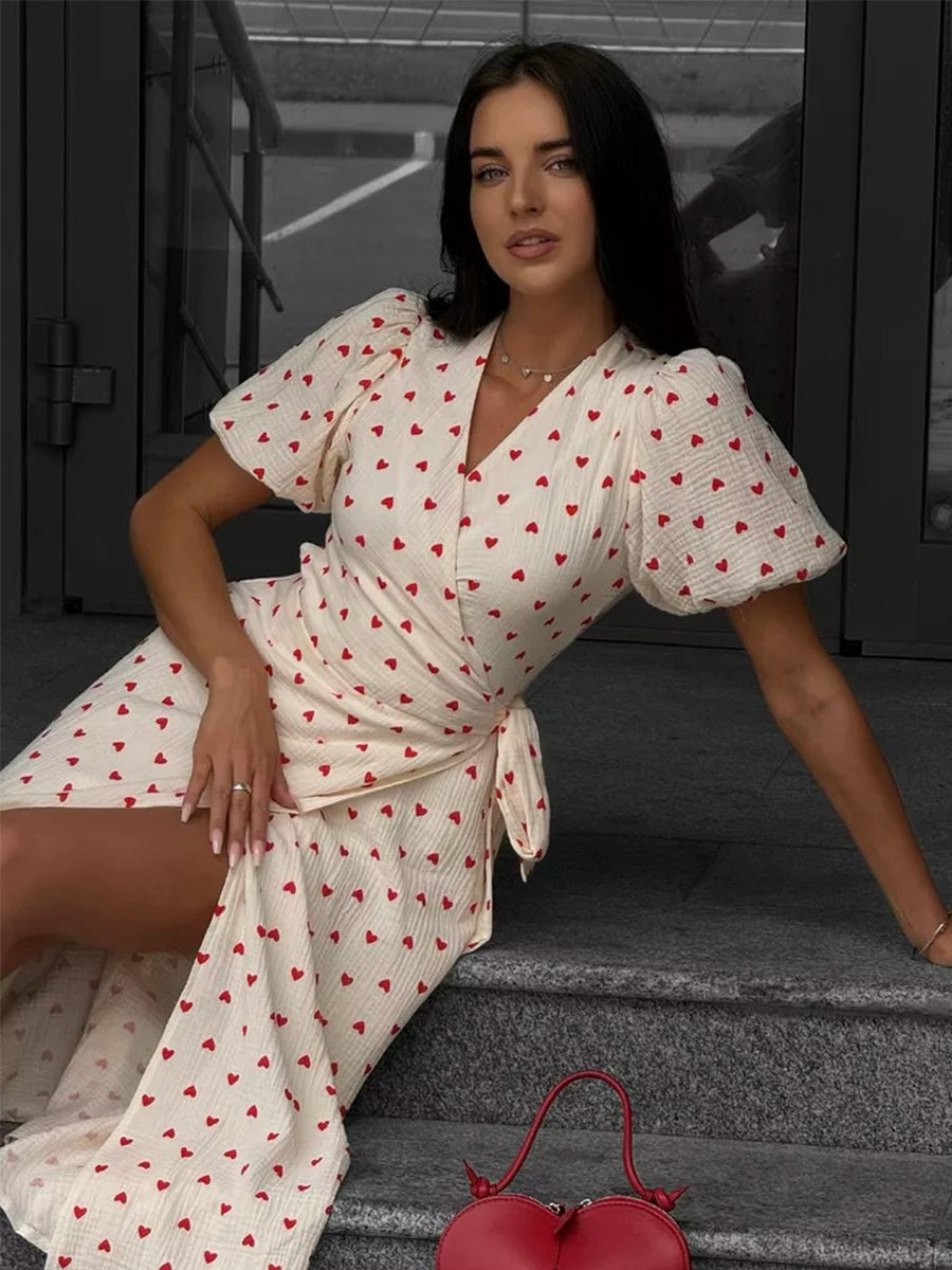 Pure Cotton Bandage Wrap-up Puff Sleeve Printed Comfort Maxi Dresses