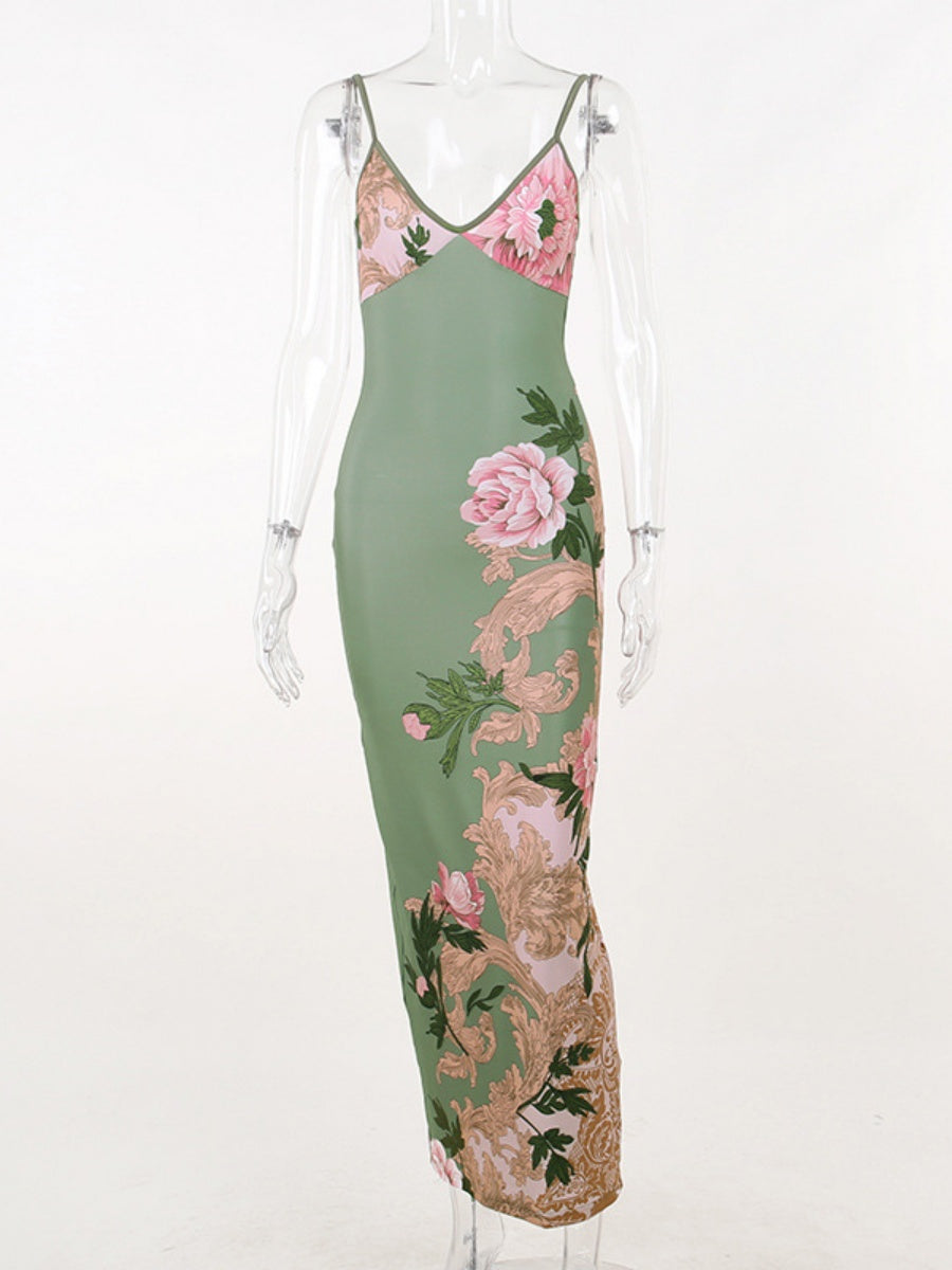 V-neck Camisoles Printed Sexy Backless Maxi Dresses